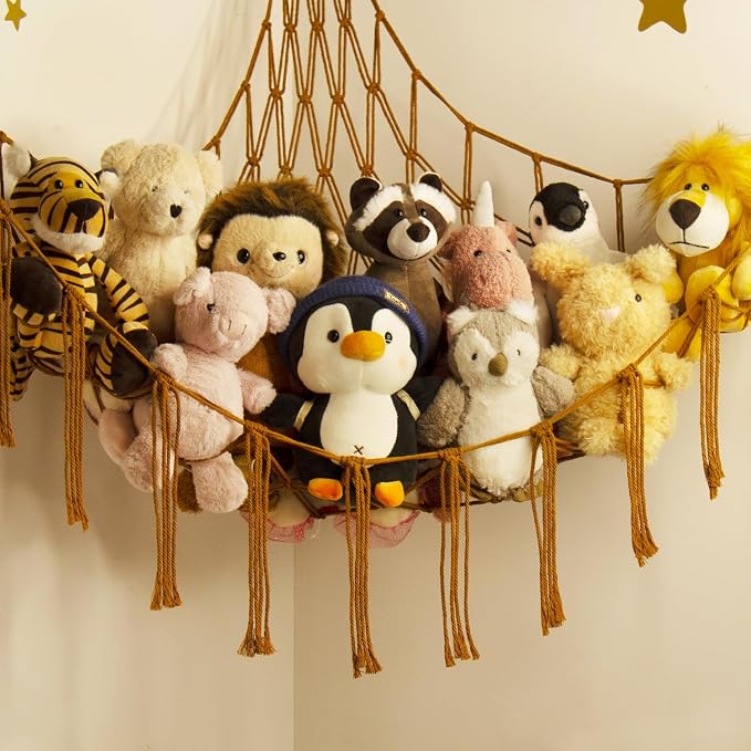 mirolam Stuffed Animal Hammock-Large Stuffed Animal Net For Toys Corner-Hanging Stuff Animal Toy Storage Organizer For Plush Plushie Display Caramel Toy Storage Girl Room Bedroom Boho Nursery Decor