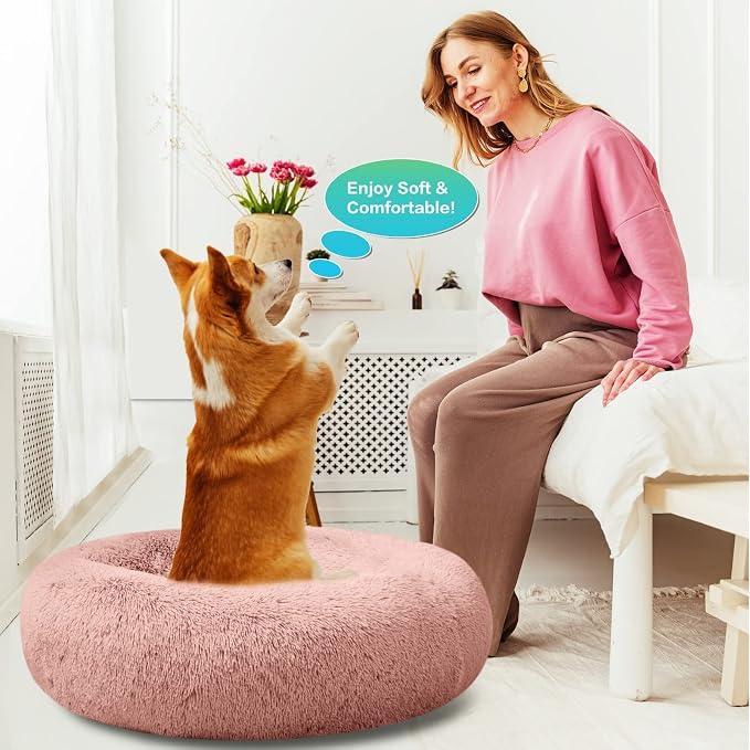 SAVFOX 36 inches Calming Donut Dog Bed - 3X Durable Plush Faux Fur, Machine Washable & Non-Slip, Fits up to 100 lbs, Pink