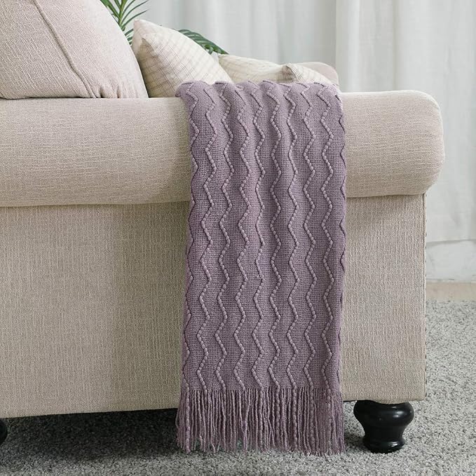 BOURINA Dark Lavender Throw Blanket 50x90 Inch Knit Soft Throw Bed Blanket | Knitted Throw Blanket 50x90 Inches, Soft Lightweight Boho Weave Throw Decorative Couch Blanket for Living Room Bed Runner
