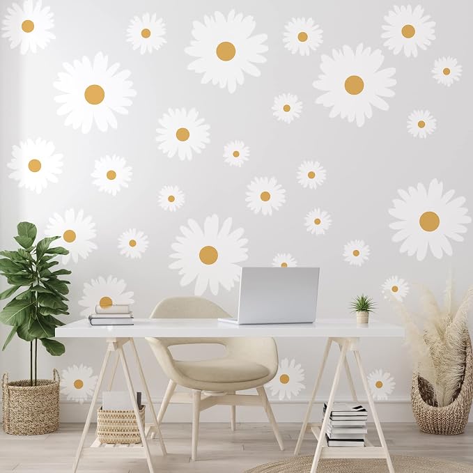 TaoBary 12 Sheet Daisy Wall Sticker Decal,White, Yellow,Multi Petal Style | Big Flower Wall Sticker, Pink White Floral Decal, Daisy Bedroom Room Decor, Removable Peel and Stick, Nursery Home Wall Decor