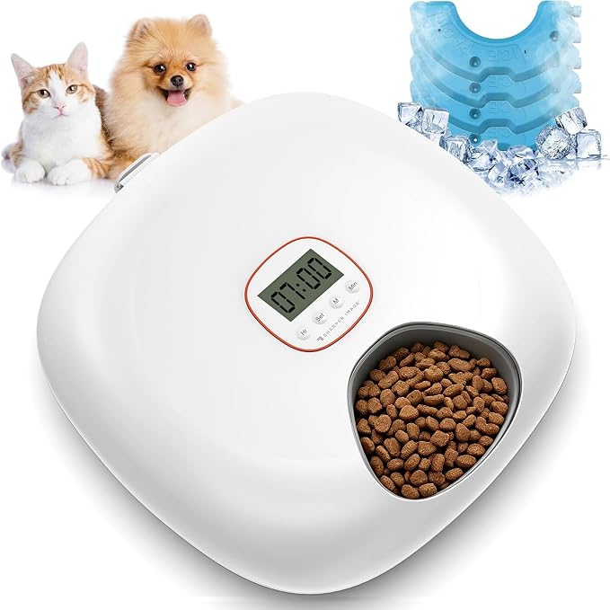 Automatic Cat Feeder Wireless, Sharper Image Auto Cat Food Dispenser for Dry Food with 4 Ice Packs, Rechargeable Auto Feeder for Cats and Dogs with Programmable Timer Low Battery Indicator, White
