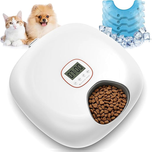 Automatic Cat Feeder Wireless, Sharper Image Auto Cat Food Dispenser for Dry Food with 4 Ice Packs, Rechargeable Auto Feeder for Cats and Dogs with Programmable Timer Low Battery Indicator, White