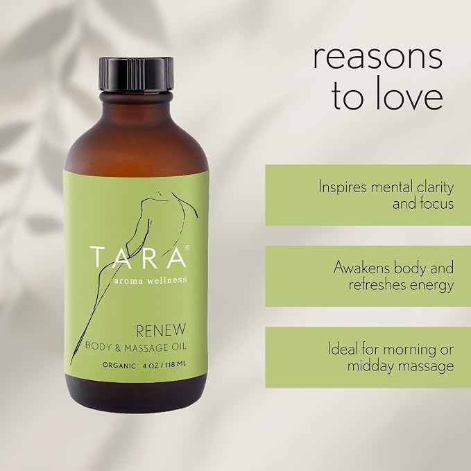 TARA Spa Therapy Renew Body & Massage Oil – Premium Organic Oil for Revitalization & Skin Renewal, 100% Pure Essential Oils, Geranium, Lemon & Rosemary, 4 oz