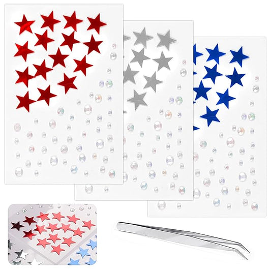 4th July Star Face Stickers Gems for Makeup, 3 Sheets Red Silver and Blue Face Glitter Rhinestone jewels, Self Adhesive Face Eye Nail Body Gems Stick on for Patriotic Rave Festival Accessories