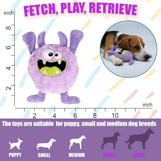 Monster Stuffed Squeaky Dog Toy, Crinkle Dog Plush Toy, Purple | Soft Lightweight Toy for Fetch and Chew, Interactive Outdoor Indoor Play for Tug, Birthday Gift, For Puppy Small Medium Dog