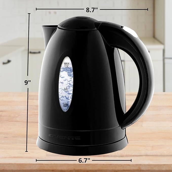 OVENTE Electric Kettle,1.7L Fast Boiling Water Heater for Coffee or Tea,BPA Free with Water Level Gauge,Auto Shut-Off,Boil-Dry Protection,Indicator Light and Removable Filter,Black KP72B,(Pack of 12)