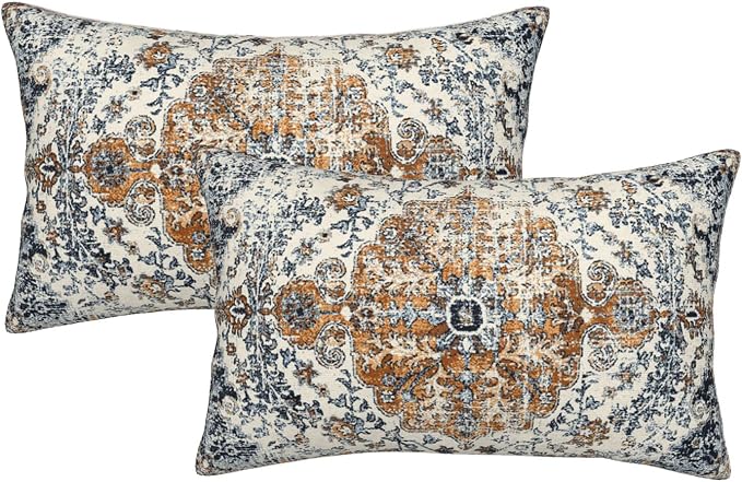 AEIOAE Rust Blue Pillow Covers 12x20 Inch Set of 2,Boho Throw Pillows Case,Carpet Pattern Ethnic Design Outdoor Decorative Square Linen Farmhouse Decor Cushion Covers for Home Sofa Bed Couch