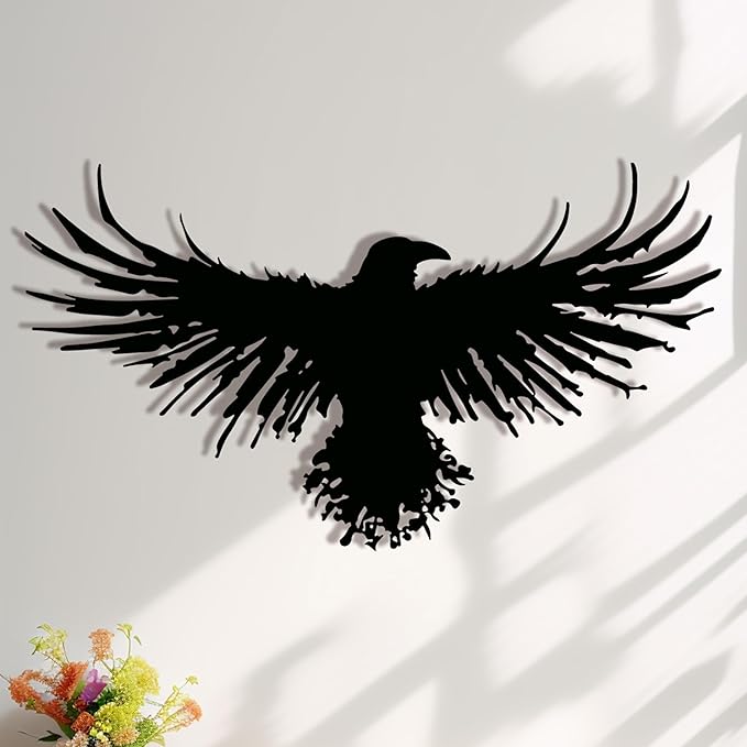 Metal Raven Wall Art, 3D Viking Crow Decor for Gothic Home, Black Outdoor | Striking 3D raven/crow sculpture, gothic & viking inspired, weatherproof for both indoor and outdoor display