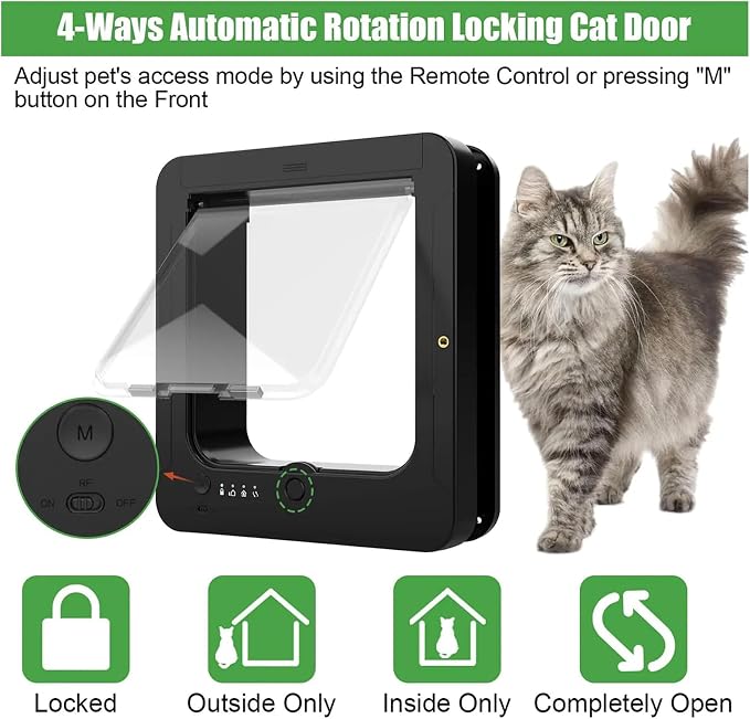 Microchip Cat Doors, Smart 4-Way Locking System, 29.8x26.3cm, Remote Control Pet Door, Sensor Collar Pet Door, Includes 2 Sensor Collars, for Doors, Patios, Walls, and Balconies