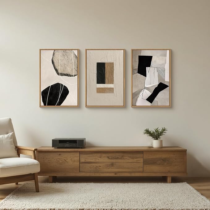 FWIEXA Large Neutral Abstract Wall Art Set of 3, Framed Modern Canvas Paintings for Living Room, Beige Black White Prints Artwork, 24x36 Inch Pictures Wall Decor for Bedroom, Bathroom, Hallway, Office