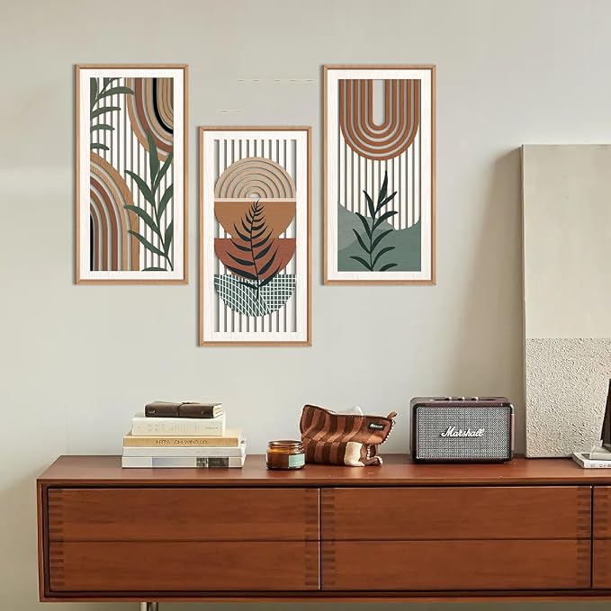 IARTTOP Boho Wood Wall Art Framed 8x16 Inch Set of 3 Mid-century Modern Abstract Wooden Wall Decor Minimalist Plant Artwork for Living room Bedroom Office