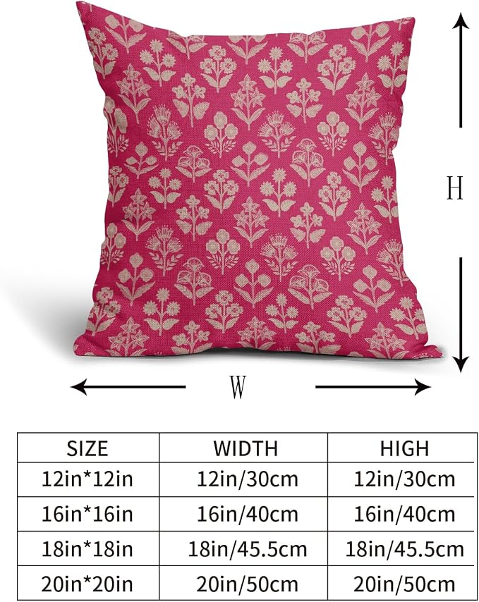 Hot Pink Floral Block Print Pillow Covers 16x16 Inch Set of 2, Vintage Flower Pattern Decorative Throw Pillowcases Outdoor Farmhouse Cushion Covers Spring Summer Rustic Sofa Couch Bed Decor