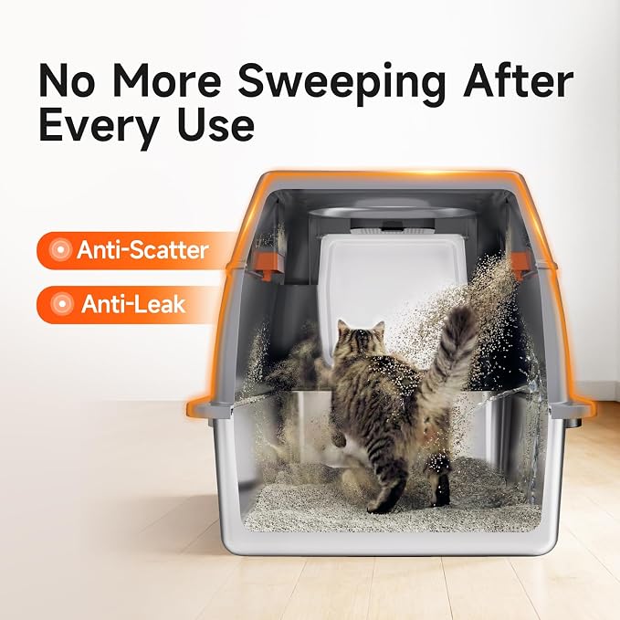 XL Enclosed Stainless Steel Litter Box with Lid, Dark Gray | covered, High Sided, Rustproof & Leak Proof, Easy Clean, Odor Control, Includes Scoop & Step