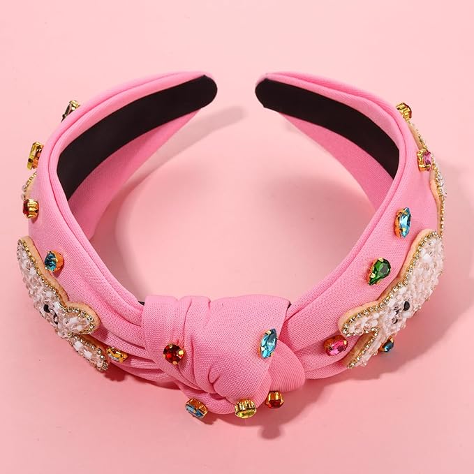mokkia Easter Headbands Beaded Rabbit Bunny Headband for Women Pink Spring Knotted Headband Easter Hair Accessories Gifts