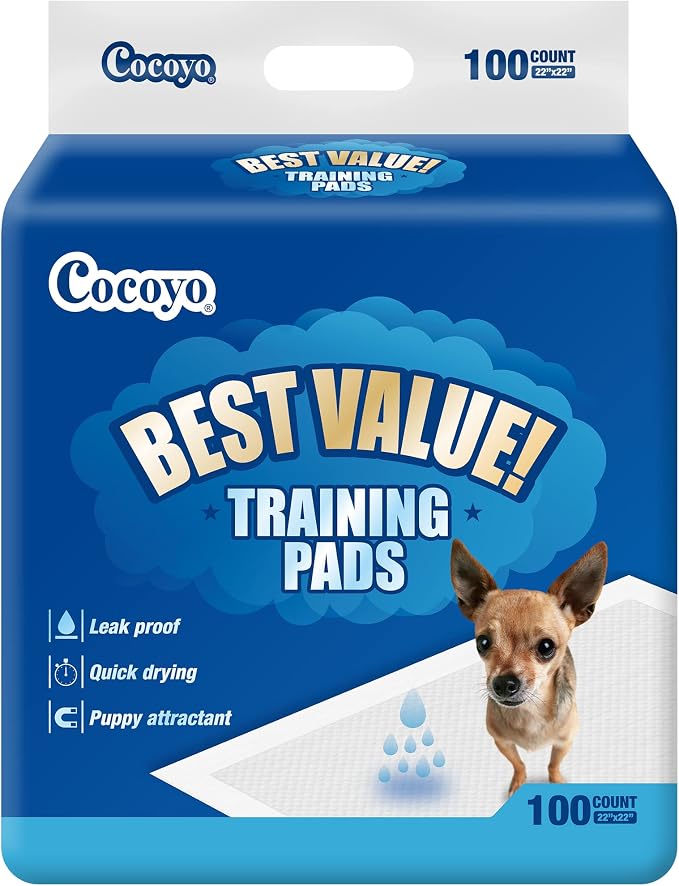 COCOYO Best Value Training Pads, 22" x 22", 100 Count, White & Blue Puppy Pads