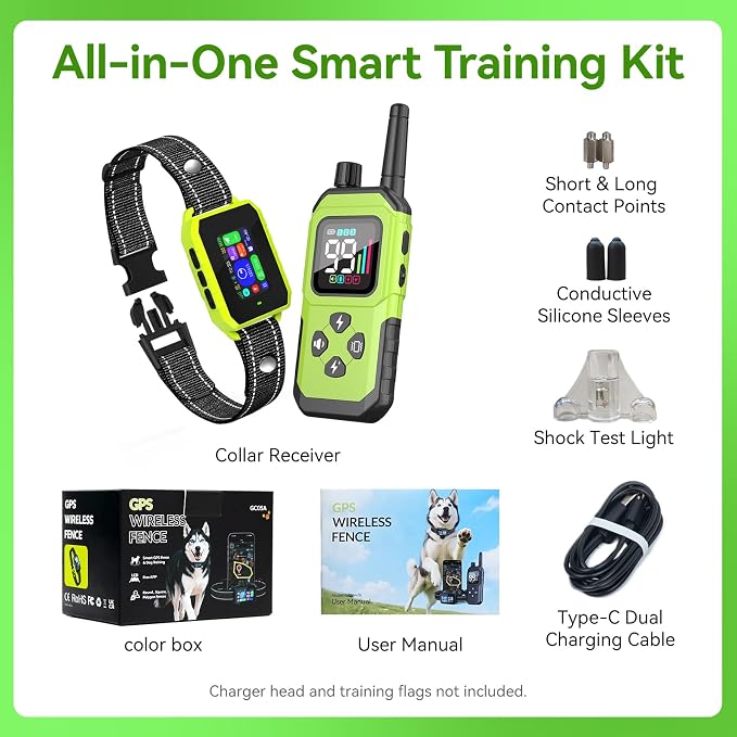 GPS Wireless Dog Fence, 2-1 Smart GPS Wireless Dog Fence& Training Collar | IP67 Waterproof, No Subscription Fees, Pet Containment System with 3 Training Mode Beep/Vibration/Static, for Dogs 10–120 lbs