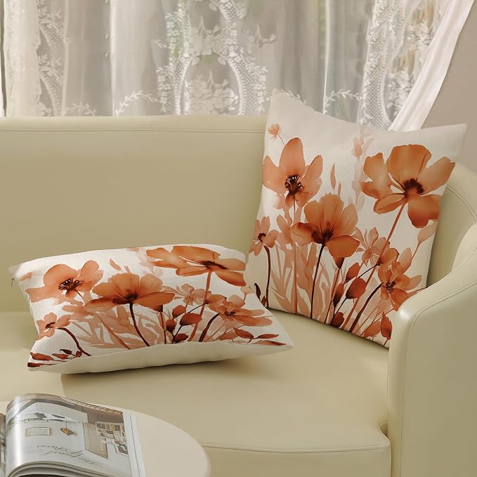 Spring Floral Pillow Covers 18x18 Inches Set of 2,Orange Floral Throw Pillow Covers Outdoor Summer Flower Decoration Pillowcase Farmhouse Decorative Square Linen Cushion Cover for Couch Sofa