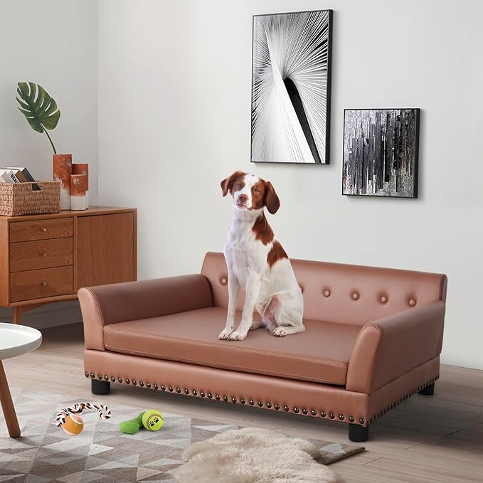 Large Leather Dog Sofa: Scratch Resistant Pet Couch up to 77lbs | Luxury Modern Indoor Dog Furniture, Elevated Wooden Frame Doggie Lounge Bed for Large Pet, Replaceable Cover, Easy Clean
