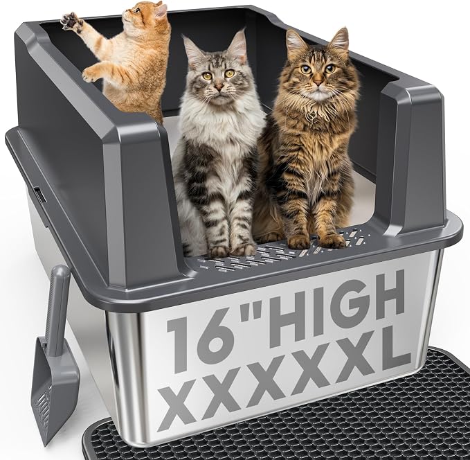 XXXXX+L Stainless Steel Cat Litter Box with Lid, 28" L x 20" W x 16" H Metal Litter Box with High Sides for Big Cats & Multiple Cats, Never Absorbs Odors, Anti-Urine Leakage, Easy Cleaning (Gray)