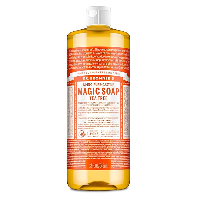 Dr. Bronner’s - Pure-Castile Liquid Soap (Tea Tree, 32 ounce) - Made with Organic Oils, 18-in-1 Uses: Acne-Prone Skin, Dandruff, Laundry, Pets and Dishes, Concentrated, Vegan, Non-GMO