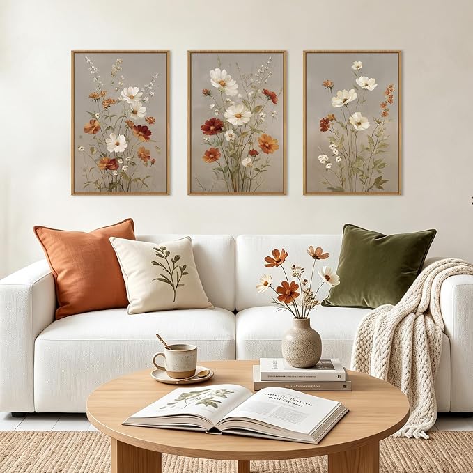 BINCUE Vintage Flower Wall Art Set of 3 Framed Floral Wall Paintings 16x24 | Rustic Wildflower Artwork,Neutral Botanical Wall Decor,Farmhouse Daisy Prints for Living Room Bedroom Office