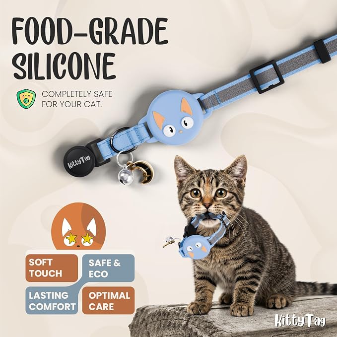AirTag Cat Collar – Breakaway Reflective & Waterproof Collar with Built-in Holder, Adjustable with Bell for Indoor/Outdoor Cats – AirTag Not Included, Blue (9-12")