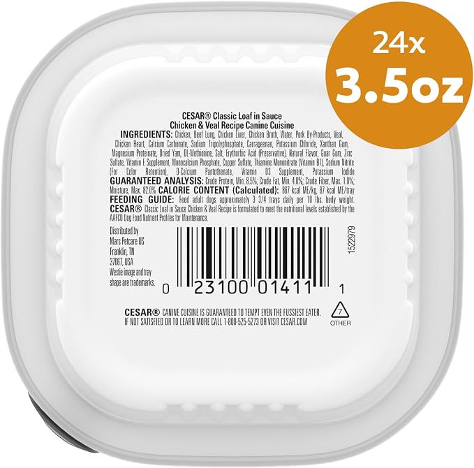 Cesar Classic Loaf in Sauce Wet Dog Food, Chicken & Veal, 3.5 oz, 24 Count | Made in USA, Real chicken #1 ingredient, no fillers/added sugar/artificial flavors, use as meal or topper, easy peel trays