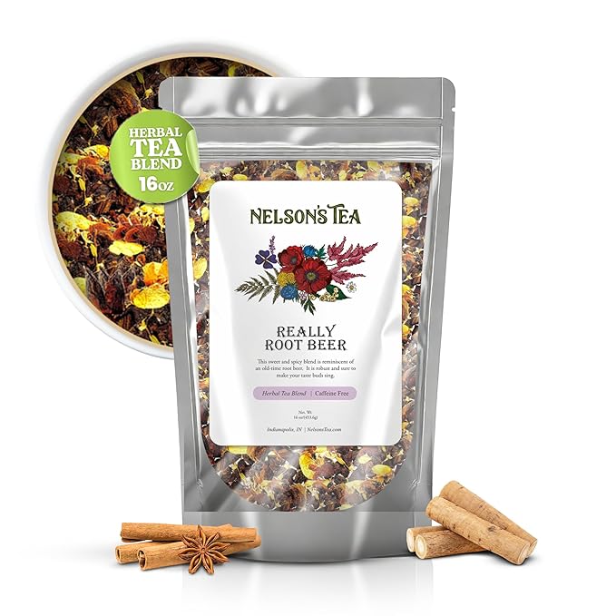 Nelson's Tea Really Root Beer - Cut & Sifted Sarsaparilla Root Tea Loose Leaf - Caffeine Free, Classic Herbal Blend with Burdock, Birch Bark, Dandelion, Licorice, Ginger and More (16 oz)