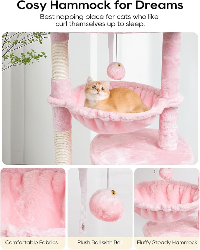 SYANDLVY Pink Cat Tree for Indoor Cats, Modern Tower with Scratching Post | Modern Cat House with Padded Perch, Kittens Condo with Cradle, Cat Cave, Pink