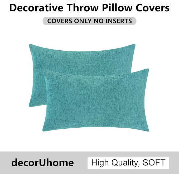 decorUhome Soft Chenille Turquoise Throw Pillow Covers 12X20 Set of 2 | Decorative Fall Couch Pillow Covers Solid Dyed Accent Modern Farmhouse Neutral Rectangle Pillow Cases for Sofa