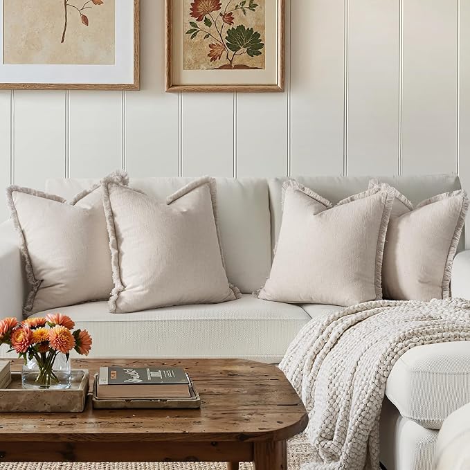 MIULEE Fall Linen Fringe Pillow Covers Set of 4 18x18 Neutral Beige | Boho Farmhouse Decorative Throw Pillow Covers, Neutral Soft Rustic Cushion Cases, for Couch Sofa Bed Living Room Home Decor
