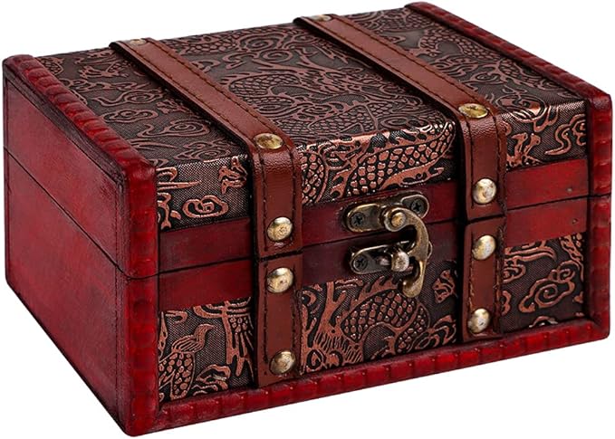 WaaHome Treasure Box Chest - 6.2" Decorative Wood Boxes Vintage Pirate Treasure Chest for Kids Jewelry Keepsake Box with Lids for Women Men Girls Boys Gifts Home Decor