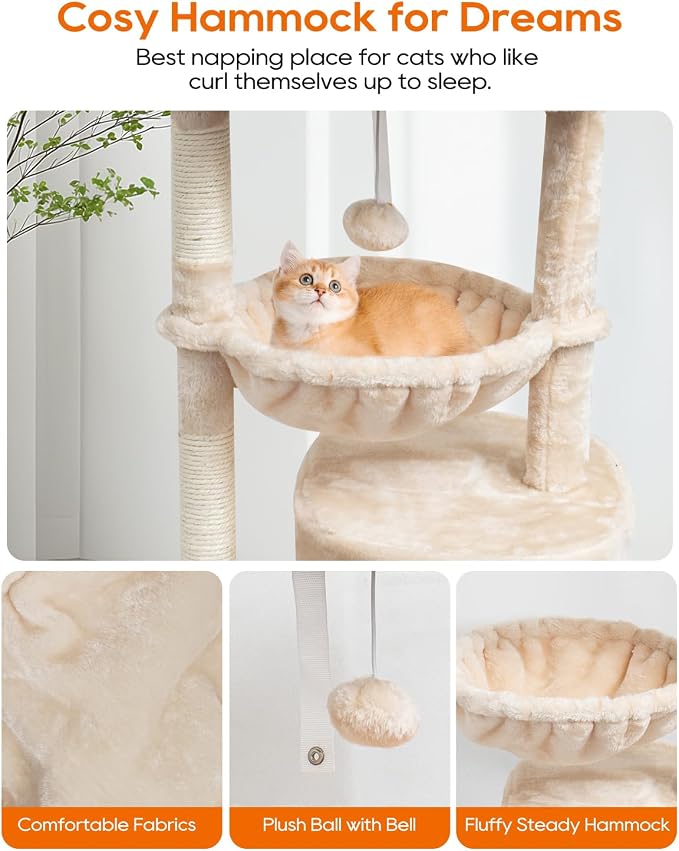 SYANDLVY Small Cat Tree for Indoor Cats, Kittens Condo with Scratching Post | Modern Activity Tower with Cradle & Hanging Ball for Play Rest, Beige