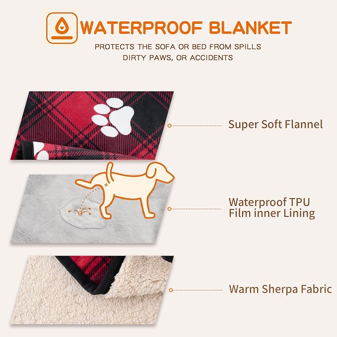 Washable Waterproof Dog Blankets for Large Dogs 60"x80" | Soft Fluffy Pet Blanket for Couch Sofa Car Crate Bed Protector, Reversible Sherpa Fleece Christmas Dog Blanket, Paw Red
