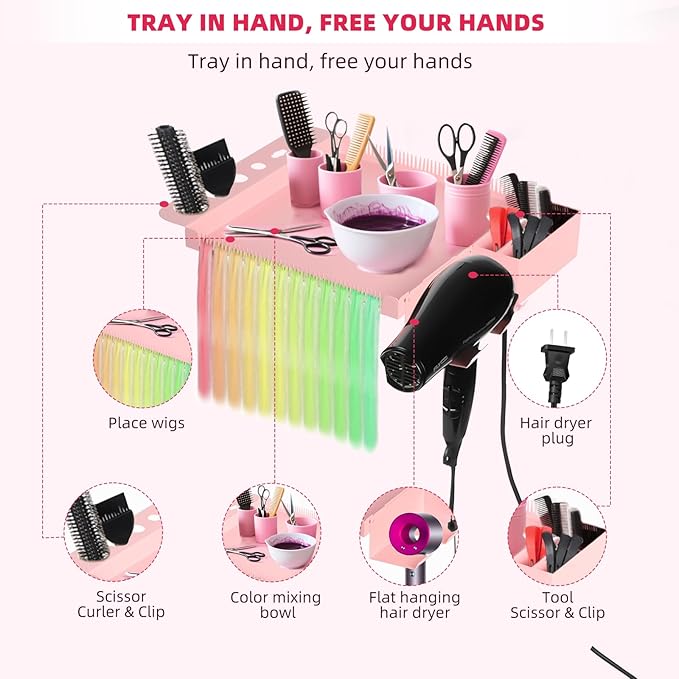 Extension Salon Tray Hair Extension Cart Tray Pink Multi-Function Extensions Rolling Tray with Blow Dryer Holder and Storage Platform