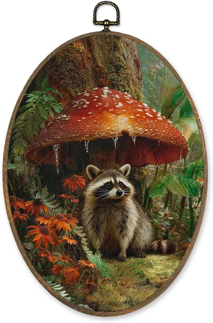 LKETW Dark Cottagecore Raccoon Mushroom Oval Wall Art Decor, Moody Cottage Oval Canvas Hanging Decor, Whimsical Botanical Raccoon Mushroom Wall Decorations for Home Bedroom Living Room, 8.6x11.4 Inch