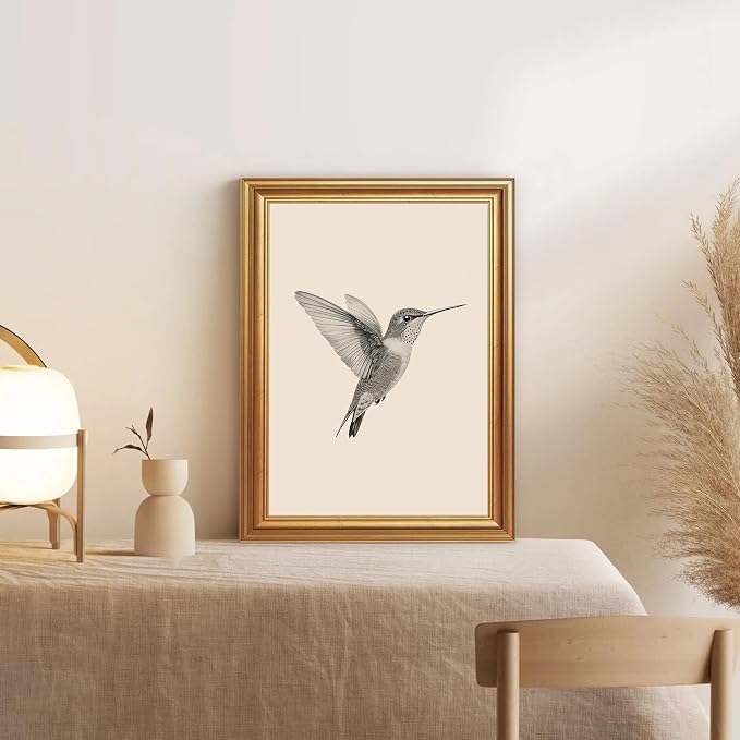 JLTULT Vintage Hummingbird Wall Art, Gold-Tone Framed Canvas, 12 x 16 In | Black-and-white hummingbird art on fade-resistant canvas with a ready-to-hang gold-tone PS frame for bedrooms and offices
