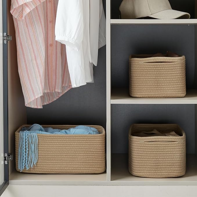 3 Pack Storage Baskets for Organizing, 13.7×9.5×6.3", Brown | Woven Baskets for Shelves, Cotton Rope Basket for Gifts Empty, Closet Organizer Bins with Handles, Cube Decorative Box