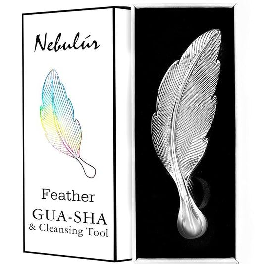 Nebulúr Feather 304 Stainless Steel Gua Sha & Facial Cleansing Tool, 75 g — Non-Porous Cool-Touch Face Massager with Eye-Safe Curved Tip, Micro-Buffing Ridges, Gift-Ready Box