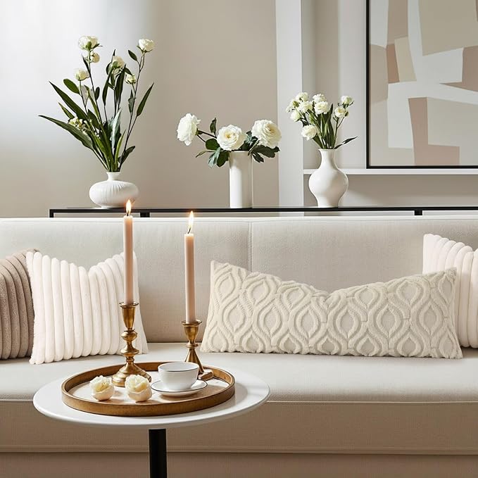 decorUhome Fall Lumbar Plush Soft Beige Throw Pillow Cover 14x36 | Wool Solid Fall Couch Pillow Cover, Accent Modern Farmhouse Neutral Decorative Square Pillow Case for Sofa Bed Living Room