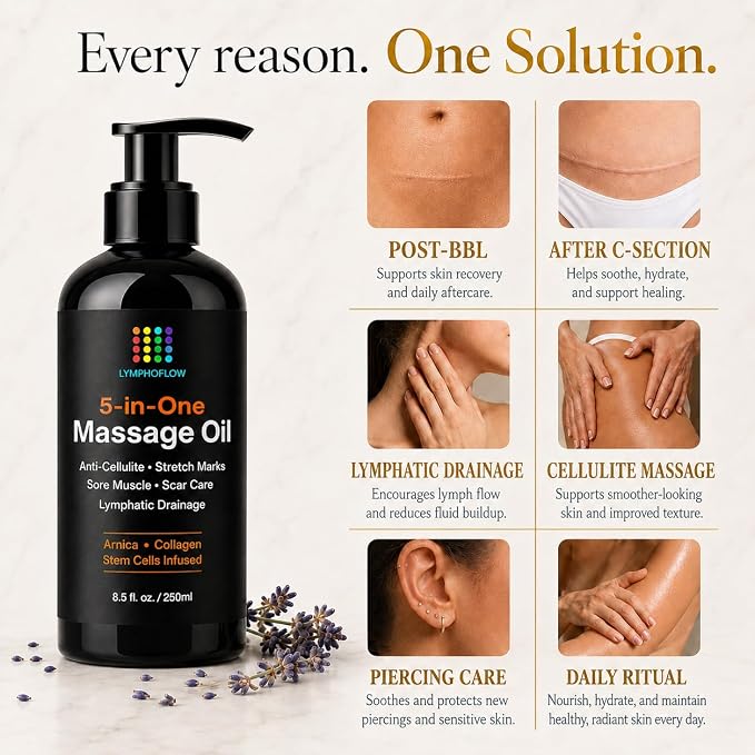 5-in-1 Lymphatic Drainage Massage Oil for Massage Therapy - Helps Smooth The Appearance of Cellulite & Improve Skin Texture- Post Surgery Recovery & Lipo, BBL, Tummy Tuck, Fibrosis Treatment -8.5Oz