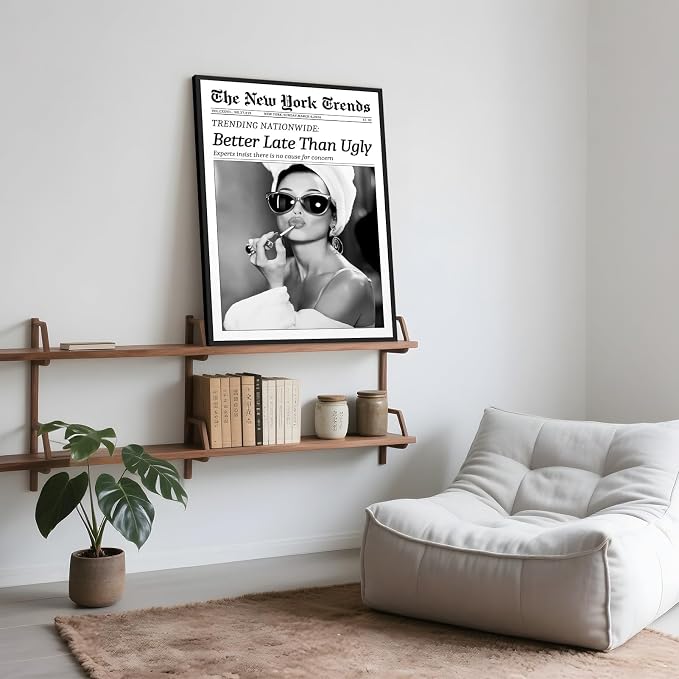 Framed Better Late Than Ugly Wall Decor Newspaper Audrey Hepburn Wall Art | Vintage Black and White Fashion Poster Chic New York Trends Glam Quote Canvas Print for Bedroom Bathroom Dorm 16x24inch