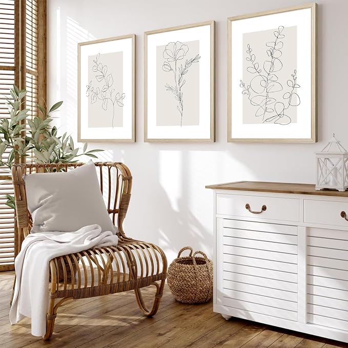 Neutral Botanical Prints Wall Art Flower Minimalist Canvas Wall Decor Vintage Line Wall Art Floral Plant Painting Pictures Beige Boho Artwork Farmhouse Poster for Bedroom 16x24x3 Inch Wood Framed