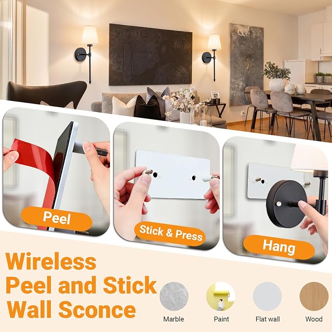 Nekhung Battery Operated Wall Sconce, Peel and Stick Sconces Set of 2 | Wireless Adhesive Stick On Wall Sconce, 10000mAh Rechargeable RGB Bulb with Remote, No Drill Wall Light for Bedroom Decor
