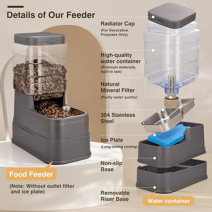 2 Pack Automatic Cat Feeder and Water Dispenser 1.3 Gallon Dog Gravity Food Feeder and Water with Ice Pack Stainless Steel Dry Food and Water Bowl for Small Medium Large Pets (Grey)