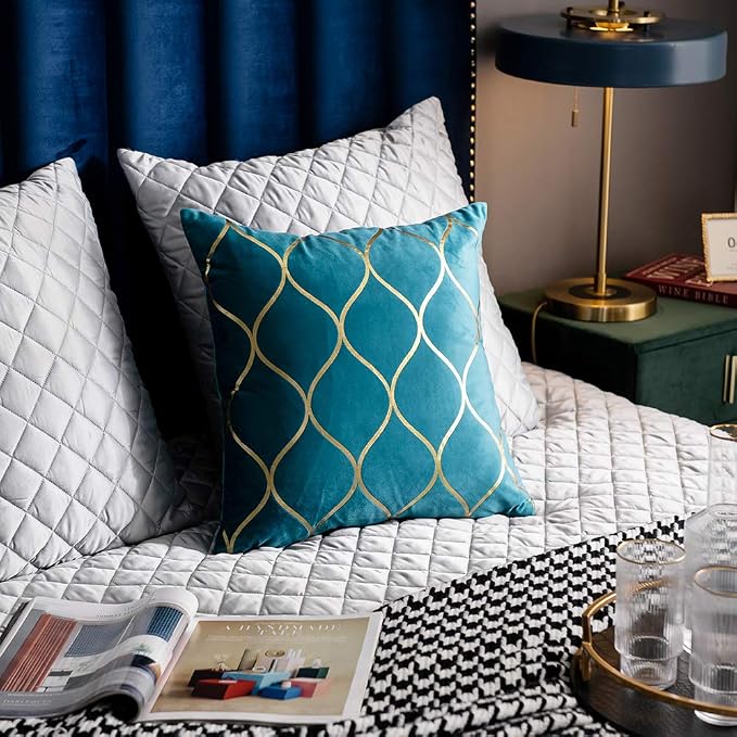 16x16 Inch Gold Velvet Throw Pillow Covers: 2 Pack Square Decorative Pillow Cases for Bedroom Sofa Couch Living Room, Turquoise