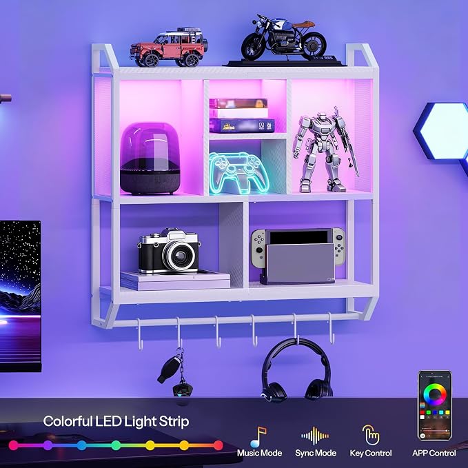 HOOBRO Gaming Floating Shelves with LED Lights, 28.7" LED Wall Mounted Shelf, 3-Tier Display Rack for Wall Storage, Floating Rack with Hanging Rod and 6 S-Hooks, for Gaming Room, White WT70DBJ01