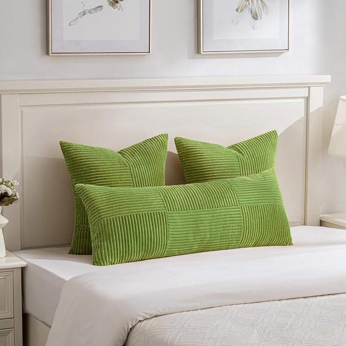 Fancy Homi Set of 1 Lime Green Boho Long Lumbar Body Decorative Throw Pillow Cover 14x36 Inch for Bed Couch Bedroom Bench, Soft Patchwork Corduroy Textured Pillow Case, Modern Room Decor