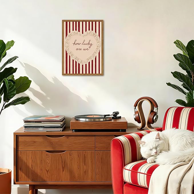 Framed How Lucky Are We Wall Art, Vintage Red Striped Pictures Wall Decor, Romantic Lace Heart Quote Paintings Canvas Prints Coquette Home Decor for Living Room Bedroom Bathroom 12x16 inch