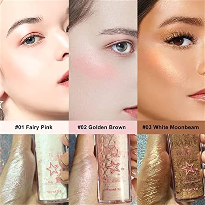 Kayswang Body Glitter Powder Stick Face highlights Shimmer Face and Body Highlighter Powder with Sponge Head, Magic Colour Shiner Powder for Face Body, Arms, Collarbones and Leg (3PC)